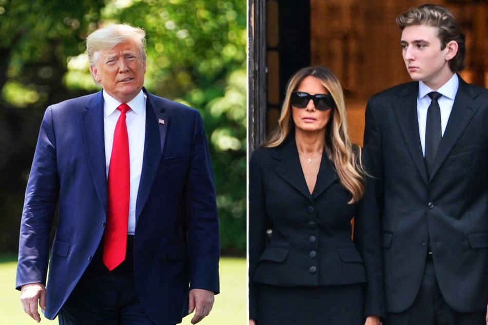 Former first lady Melania Trump (c.) was seen leaving Trump Tower on Tuesday, her first time seen publicly since her husband Donald Trump's (l.) felony conviction.