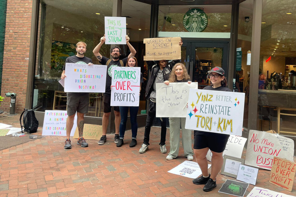 Starbucks workers at Pittsburgh's Market Square location go on strike to protest the company's union busting and worker terminations.