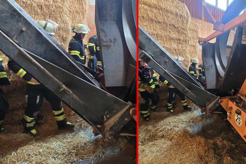 Mit einem Druckluftkissen musste das Förderband von der Feuerwehr angehoben werden.