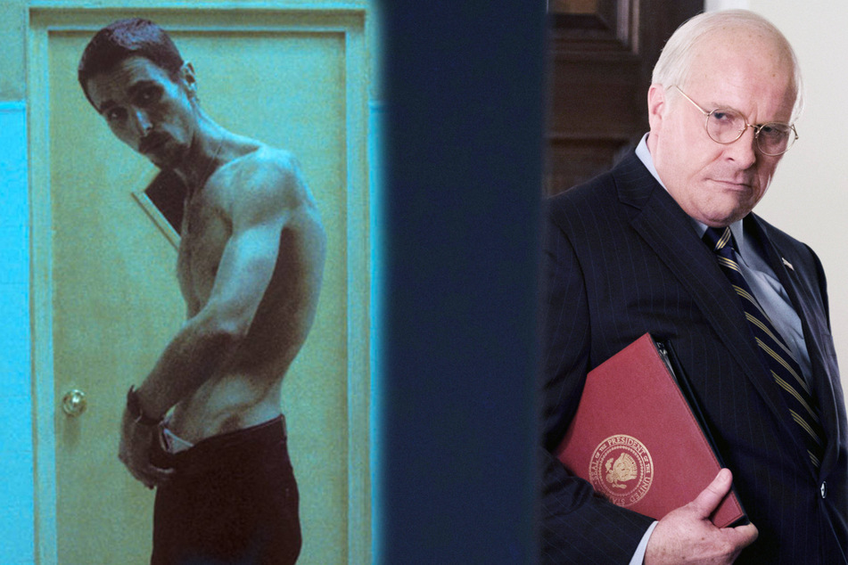 It's hard to believe it's the same man! Right: Christian Bale in The Machinist (2004). Left: Christian Bale as Dick Cheney in Vice (2018) (collage, archive images).