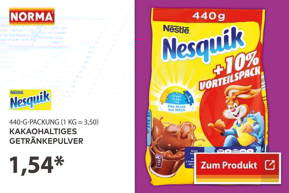Kakaohaltiges Getränkepulver für 1,54 Euro.