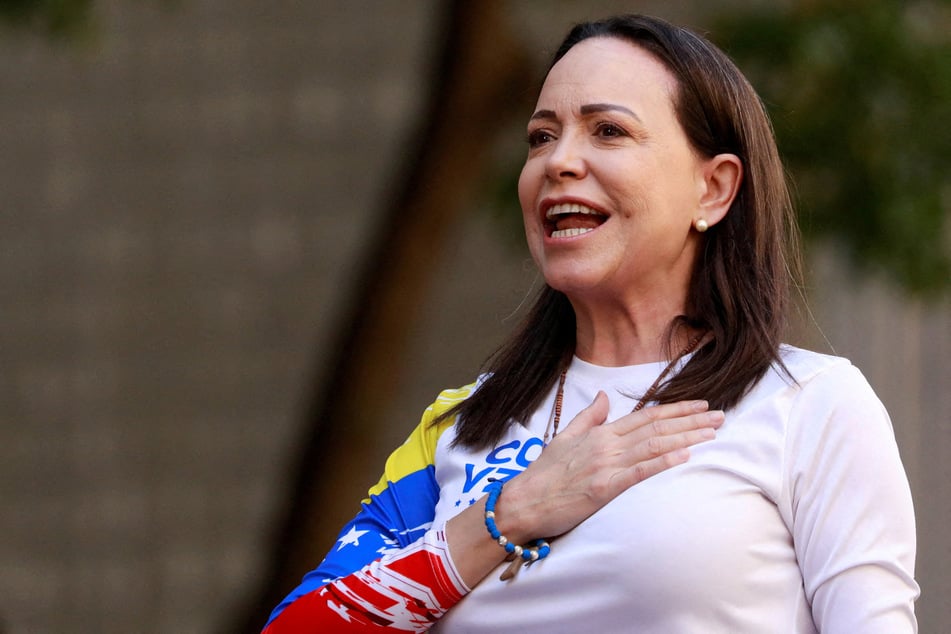 Venezuelan opposition leader Maria Corina Machado speaks at a protest in Caracas, Venezuela, ahead of the inauguration of President Nicolas Maduro for his third term, on January 9, 2025.
