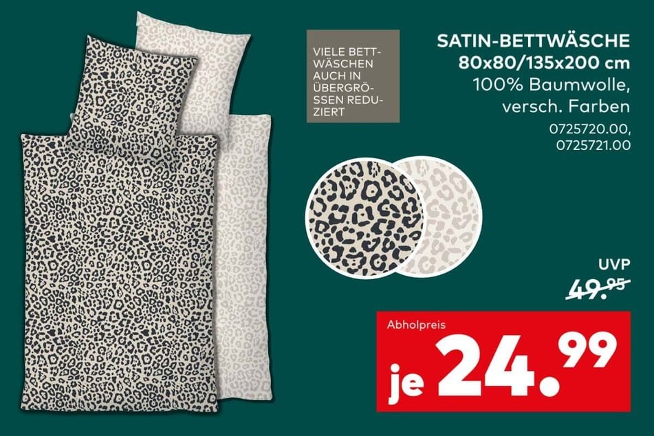 Satin-Bettwäsche gibt's für je 24,99 statt 49,95 Euro.