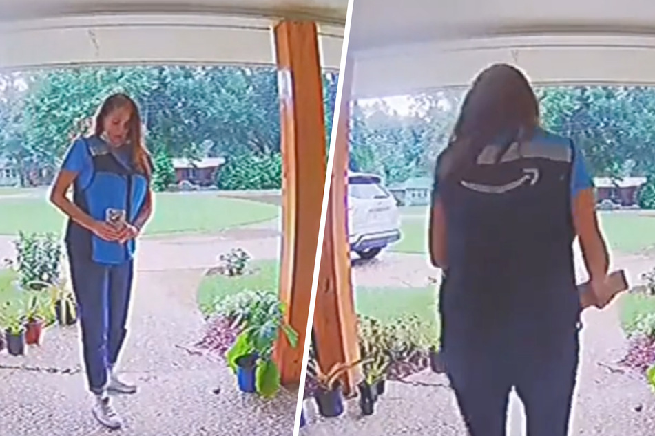 The delivery person quickly snaps a "proof picture" before disappearing with the package (collage).