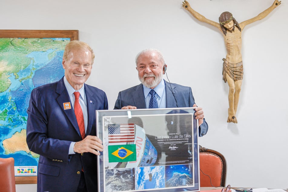 NASA Administrator Bill Nelson and Brazil's President Luiz Inacio Lula da Silva pose for picture during a meeting at the Planalto Palace in Brasília on July 24, 2023.