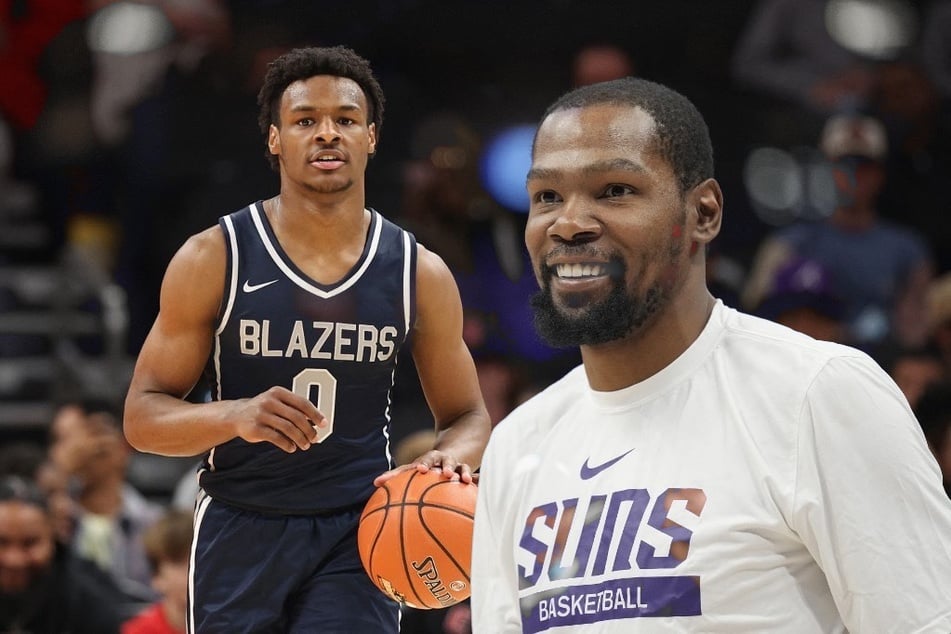 Phoenix Suns player Kevin Durant (r) said he hopes to see Bronny James (l) play college basketball as opposed to playing in the NBA G league or abroad.