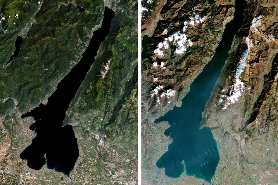 Pegelstand im Juni 2022 (l.) und im März 2023: Der Gardasee im Norden Italiens verliert immer mehr Wasser!