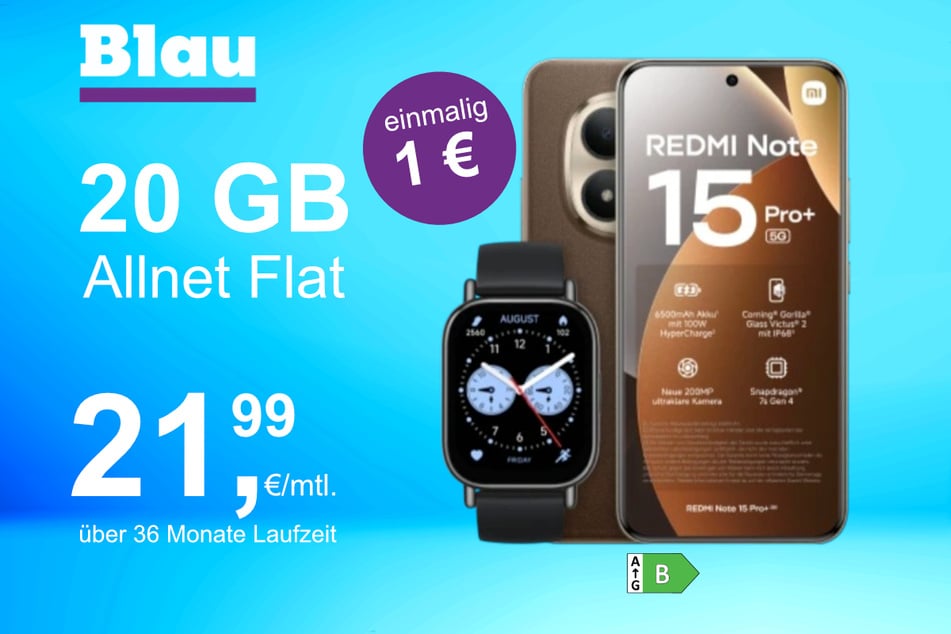 Das Xiaomi Redmi Note 15 Pro+ 5G mit gratis Watch 5 Lite im Blau Allnet M für einmalig 1 Euro.