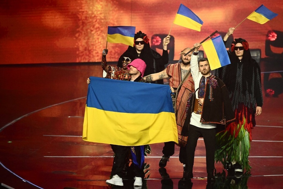 Kalush Orchestra, representing Ukraine at Eurovision 2022, celebrate their win.