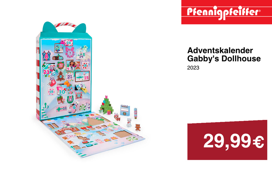 Den Gabby's Dollhouse Adventskalender erhaltet Ihr für nur 29,99 Euro. In den Pfennigpfeiffer Filialen am Donnerstag (16.11.) und Freitag (17.11.) sogar mit extra 10 Prozent Rabatt.