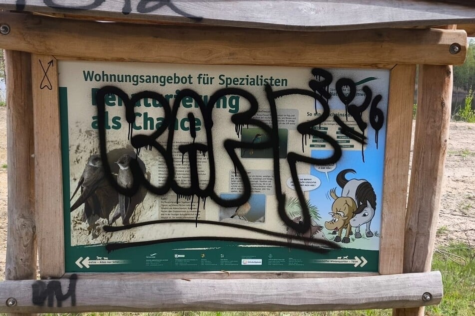 Da biste baff: Der Naturlehrpfad Bockwitz wurde erst vor wenigen Monaten eingeweiht, doch schon sind die Infotafeln beschmiert.