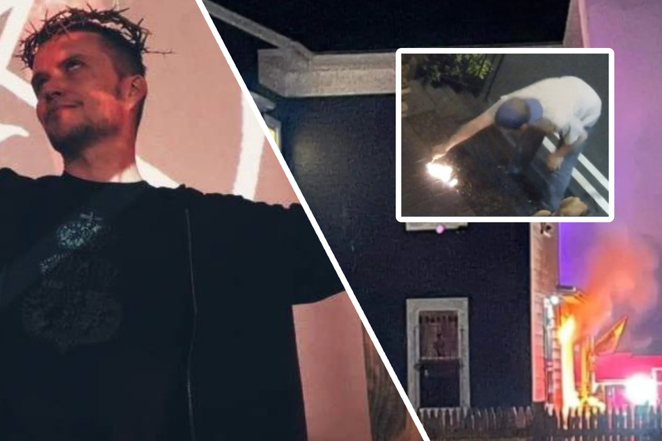 Satanic Temple set on fire by a man wearing a "GOD" T-shirt