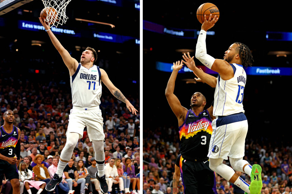 Dallas Mavericks guards Luka Doncic (l.) and Jalen Brunson (r.) each put up points against the Phoenix Suns.