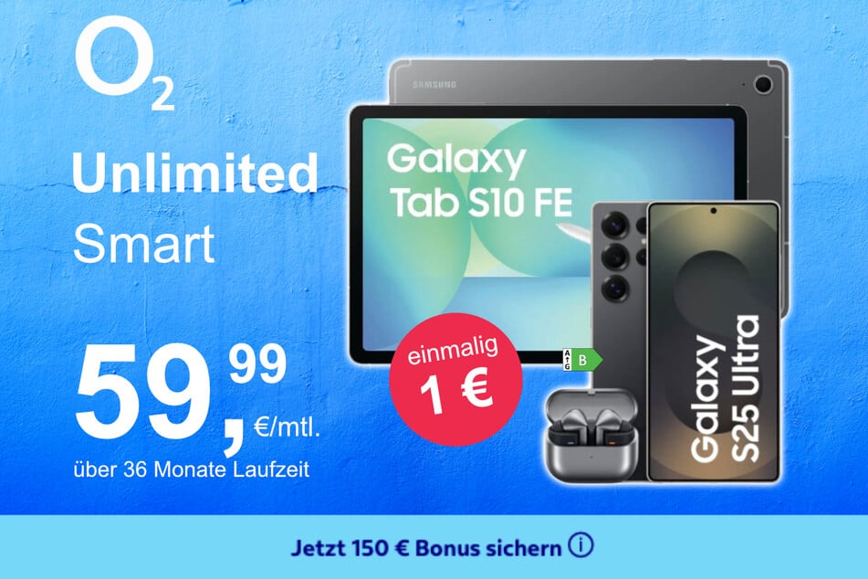 Das Samsung Galaxy S25 Ultra + Buds 3 Pro + Tab S10 FE im o2 Mobile Unlimited Smart für einmalig 1 Euro.