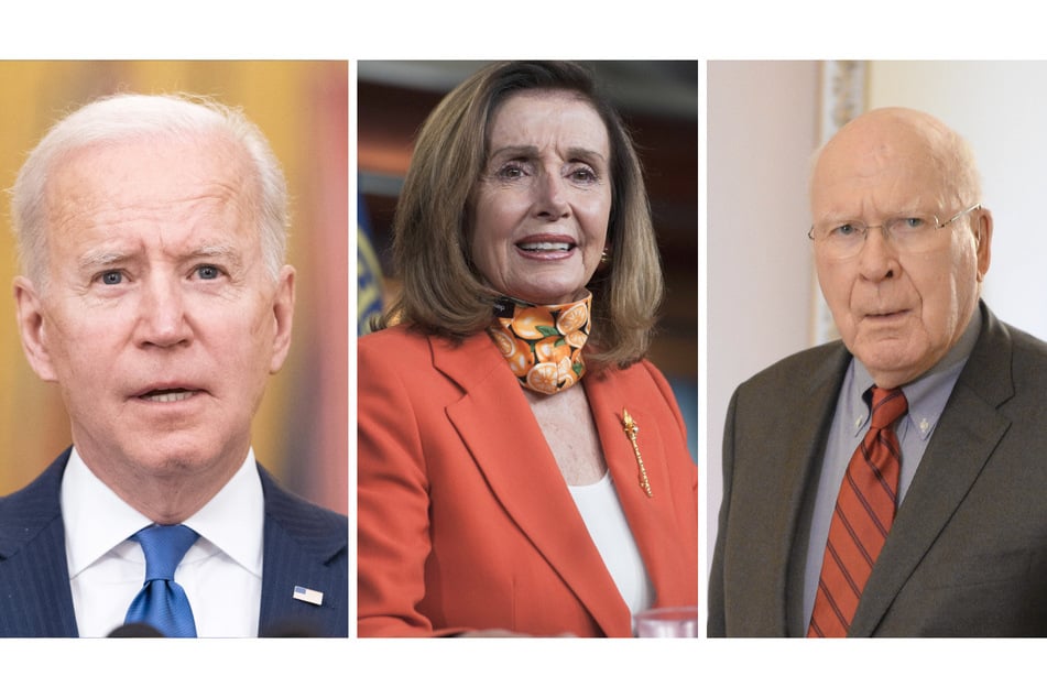 President Joe Biden (l.), Speaker of the House Nancy Pelosi (c.), and Senate President pro tempore Patrick Leahy.