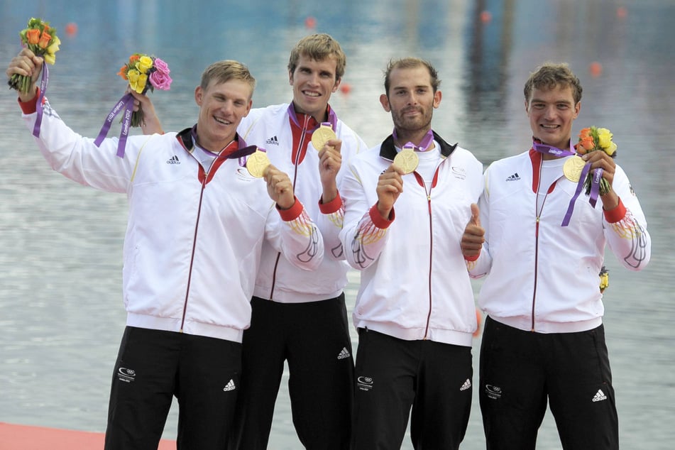 Die Dresdner Karl Schulze (l.), Philipp Wende (2.v.l.) und Tim Grohmann (r.) gewannen mit Lauritz Schoof (Rendsburg) 2012 Olympia-Gold im Mekka des Rudersports. (Archivfoto)