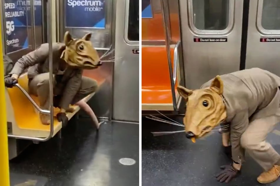 Mit Rattenkopf, Rattenschwanz, Anzug und Handschuhen klettert Lyons in die New Yorker U-Bahn.