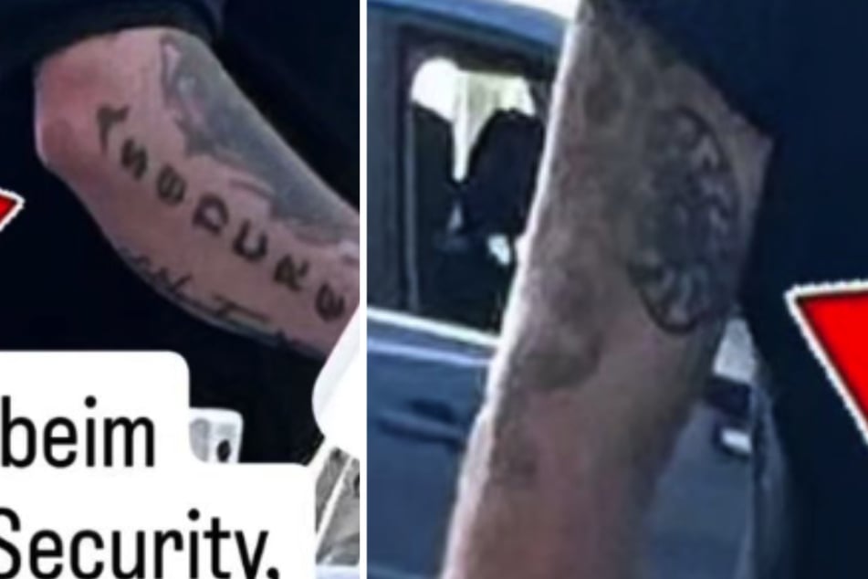 Rechts ein Tattoo von der "Schwarzen Sonne", links der tätowierte Schriftzug "Asentreu".