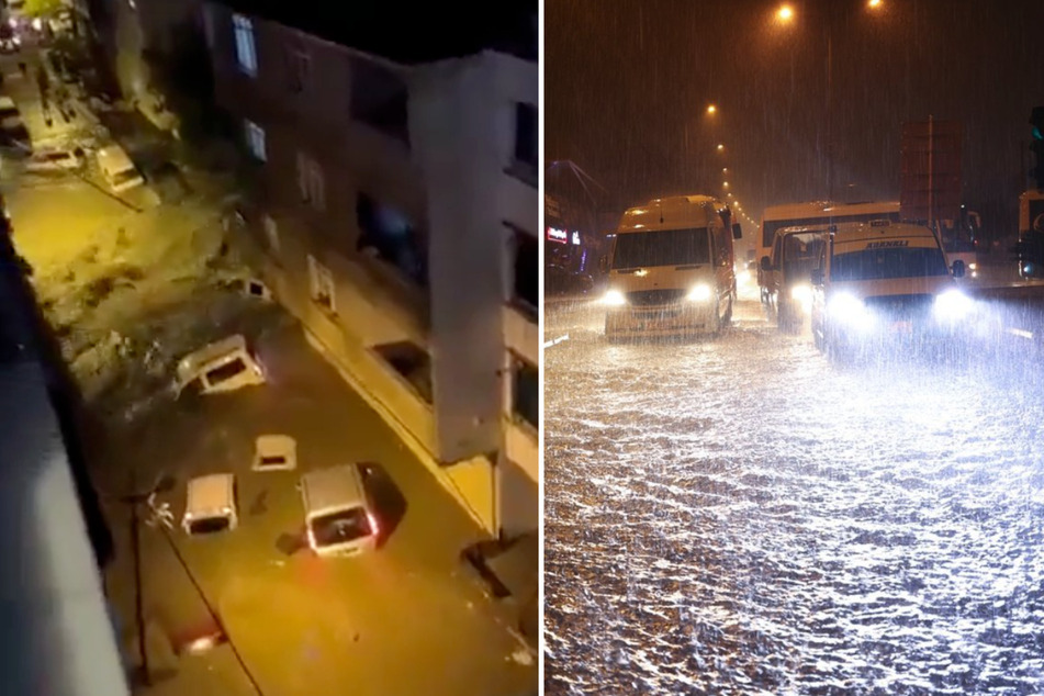 Im Bezirk Kepez habe es in den vergangenen zwölf Stunden so viel geregnet wie normalerweise in drei Monaten. Aufnahmen zeigen unter Wasser stehende Autos.