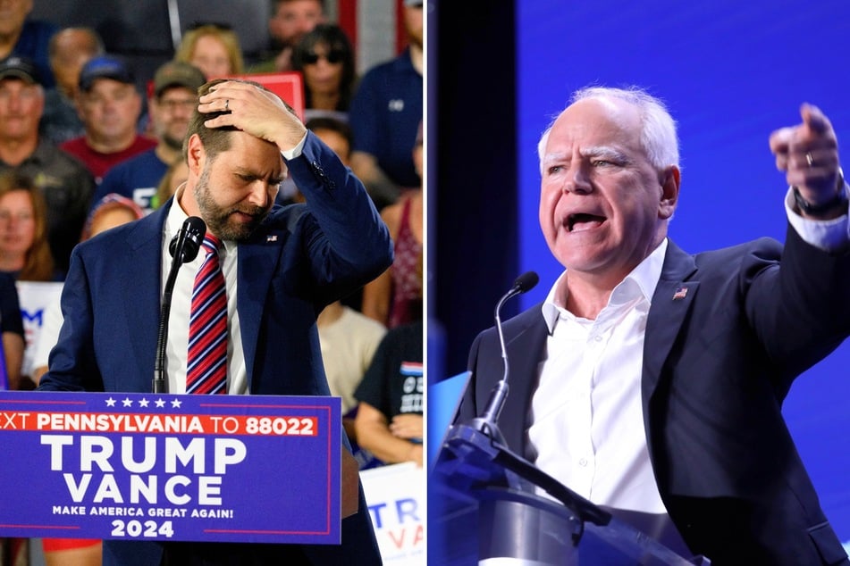 Tim Walz (r.) recently poked fun at his rival JD Vance (l.), as cat lovers across the country have been stepping up to support the Harris-Walz campaign.