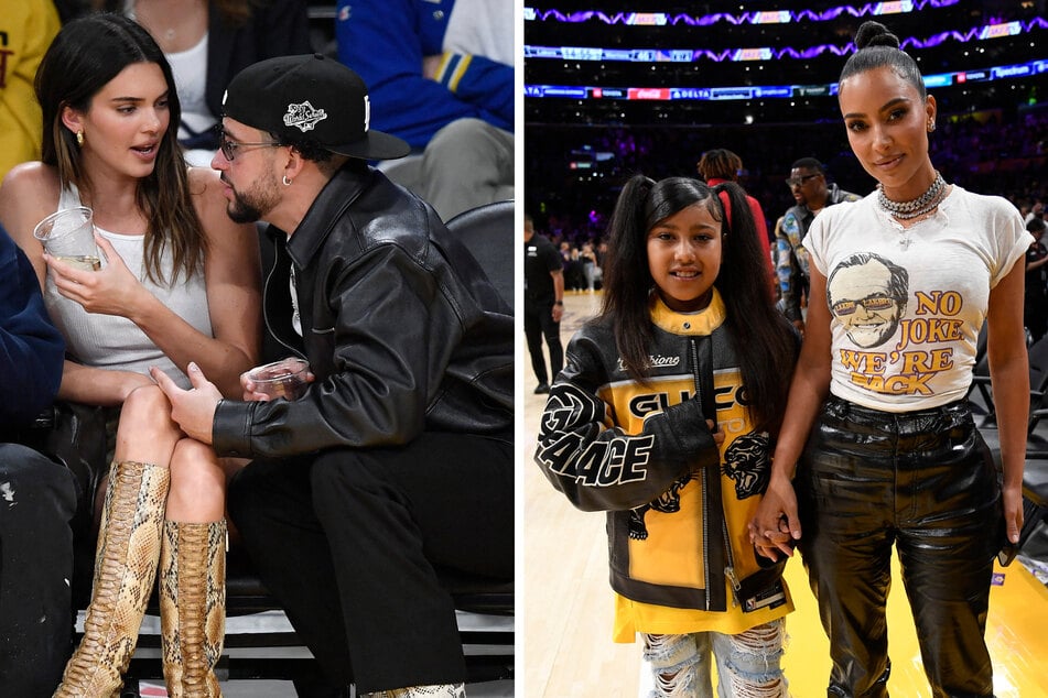 Kendall Jenner (l.) and Bad Bunny got close sitting courtside, while her half sister Kim Kardashian (r.) and daughter North West also attended the Western Conference Semifinal Playoff game on Friday.