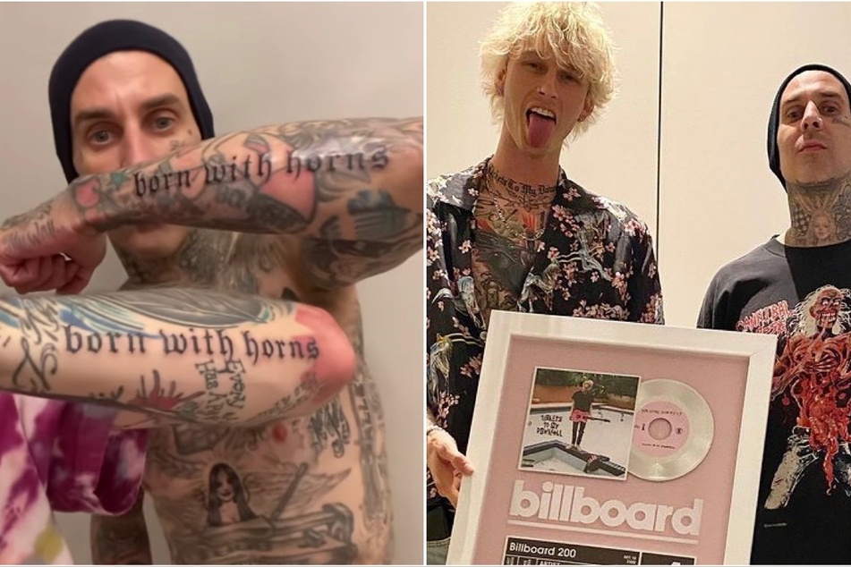 On Monday, Travis Barker (l.) and Machine Gun Kelly celebrated upcoming new music with matching tattoos.