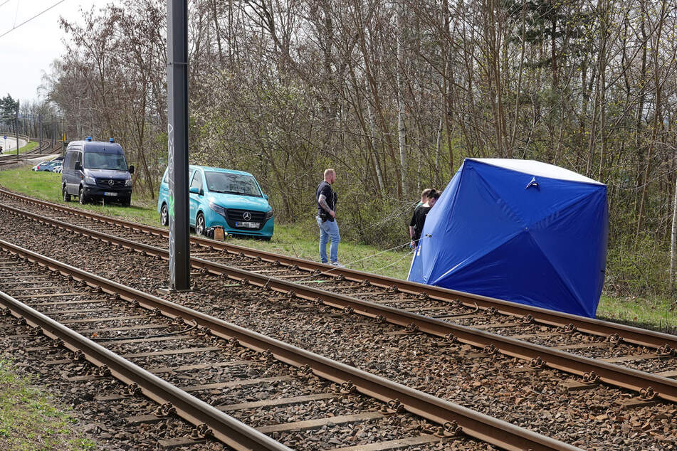 Ermittler am Sonntagmorgen an der Stelle des Leichenfunds in Dresden-Klotzsche.