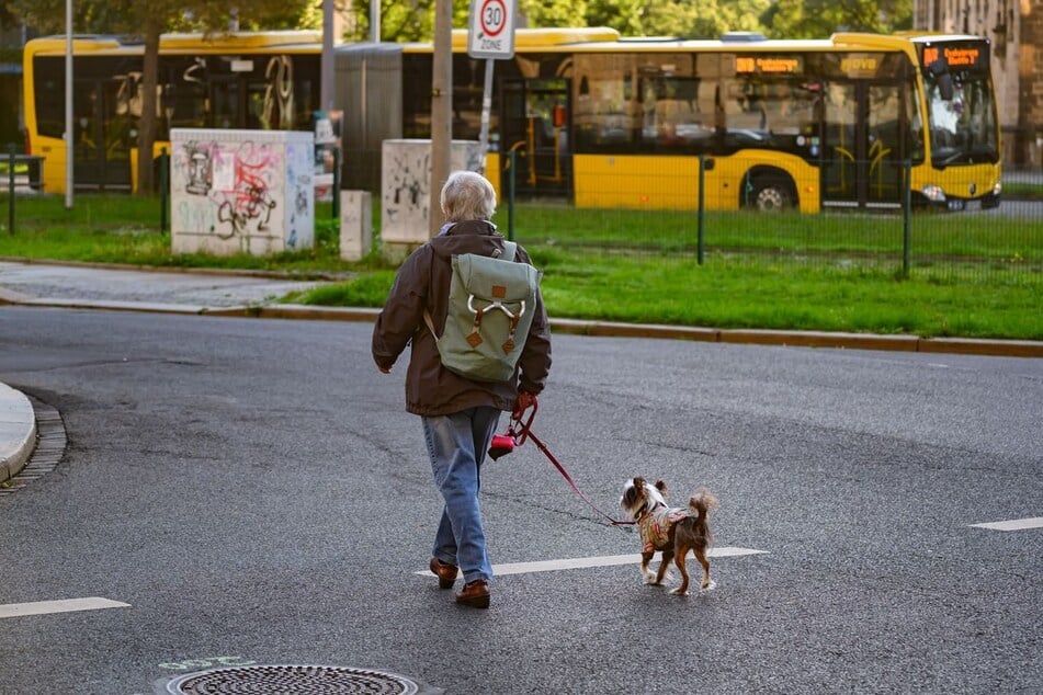 Mit Hund und leichtem Gepäck verlässt eine Frau den Sperrkreis.