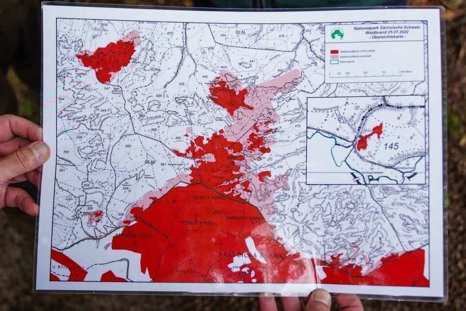 Die Karte zeigt die Waldbrandausbreitung im Nationalpark Sächsische Schweiz.