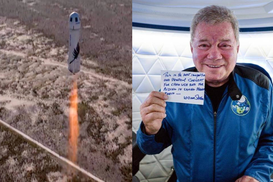 Star Trek actor William Shatner (r.) took an 11-minute trip into space aboard the Blue Origin New Shepard (l.) on Wednesday, and at age 90, became the oldest person to have flown in space.