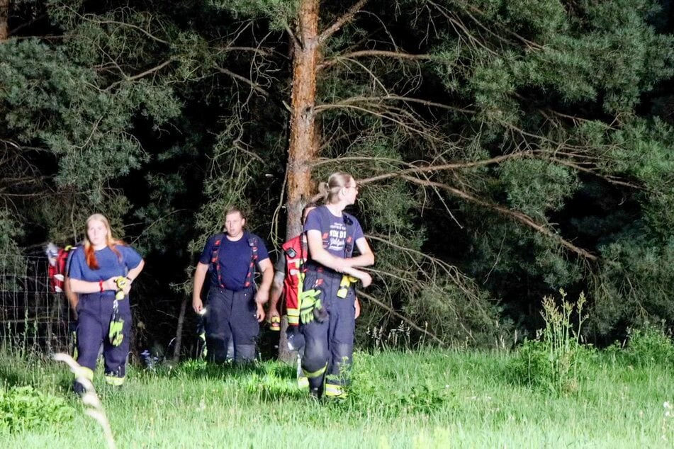 Einsatzkräfte von Polizei und Feuerwehr durchsuchen das Gebiet um den Scheibesee bei Hoyerswerda.
