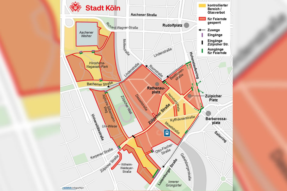 Eine Übersichtskarte der Stadt Köln zeigt die abgesperrten Bereiche.