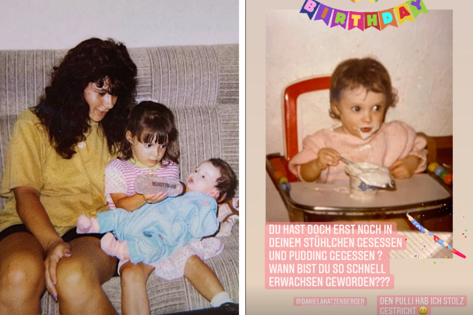 Im ersten Bild sitzt die heute 54-jährige Iris Klein mit ihren ersten zwei Kindern auf dem Sofa, das Baby ist Daniela Katzenberger. Auf dem zweiten Foto ist Daniela nochmal im Kleinkindalter zu sehen.