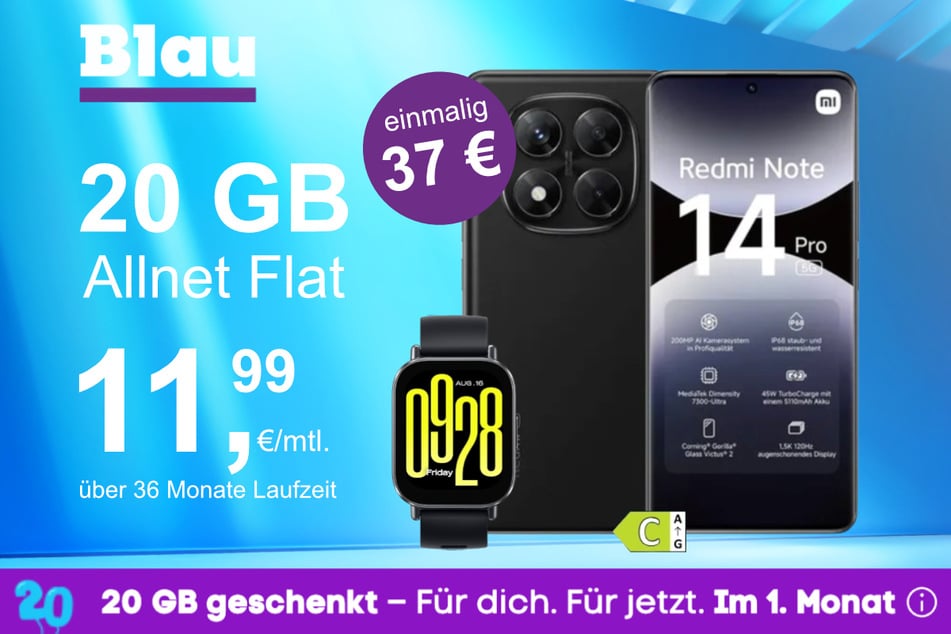 Das Xiaomi Redmi Note 14 Pro + Watch 5 Active im Blau Allnet M für einmalig 37 Euro.