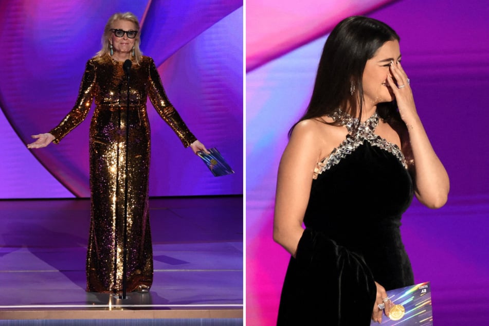 Both Selena Gomez (r.) and Candice Bergen (l.) took aim at JD Vance's "childless cat ;adies" comment at the 2024 Emmys.