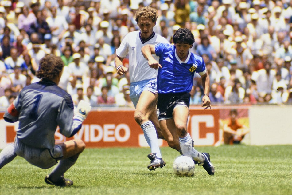 Maradona scoring "the goal of the century" against England in 1986.