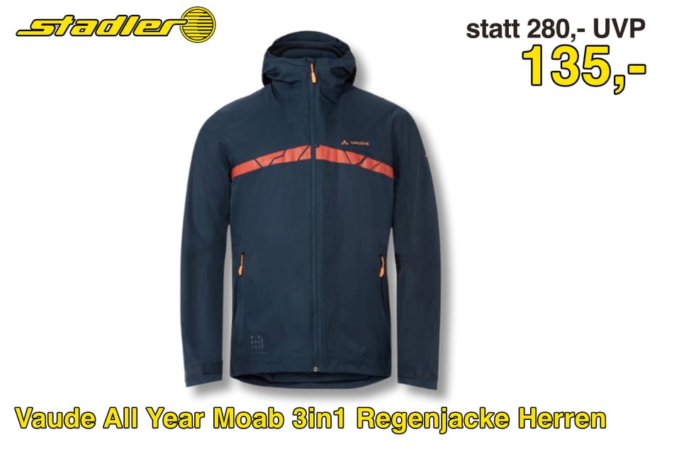 Die Vaude 3in1 Regenjacke Herren
für 135 statt 280 Euro.