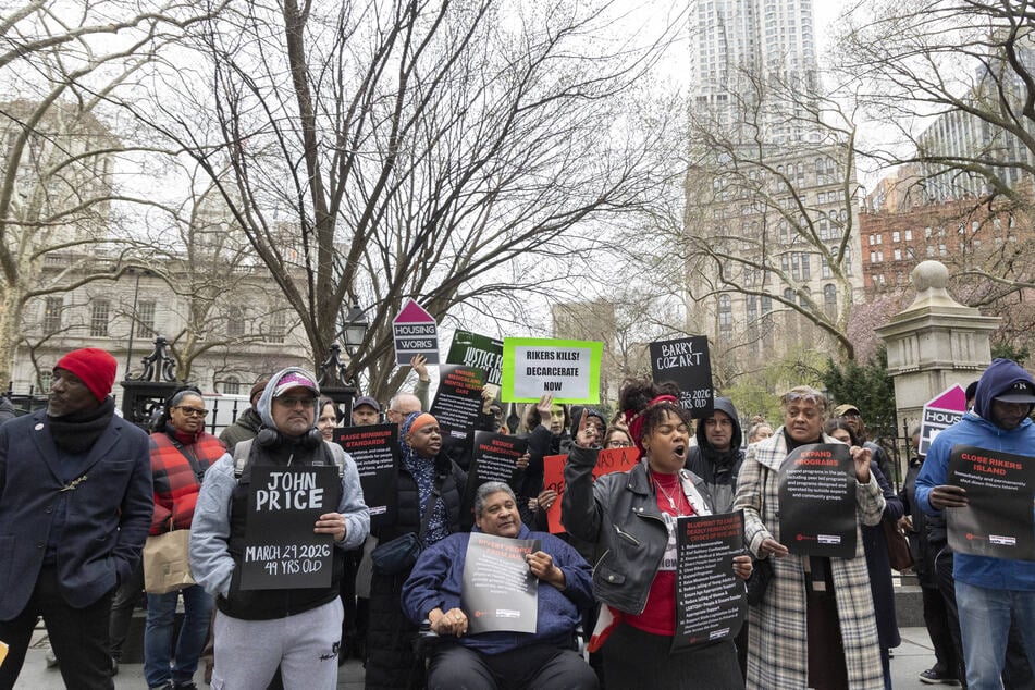 The Jails Action Coalition and HALT Solitary Campaign rally at City Hall after the recent deaths of two people in NYC Department of Correction custody on April 2, 2026.