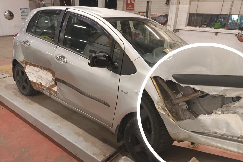 Nach Unfall klafft Loch in Auto: Fahrer hat geniale Idee, den Schaden zu beheben!