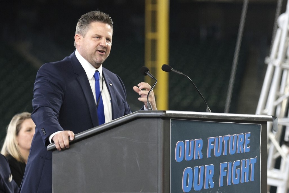 International Association of Machinists and Aerospace Worker Union District 751 President Jon Holden speaks as members and supporters attend an early strike-sanction vote event at T-Mobile Park in Seattle, Washington.