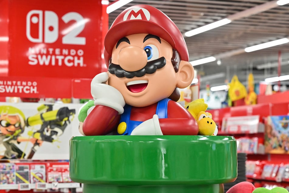 A Super Mario character is pictured at a Nintendo display ahead of the launch of the company's Switch 2 console, an electronics store in the city of Nagoya, Aichi prefecture, on Monday.