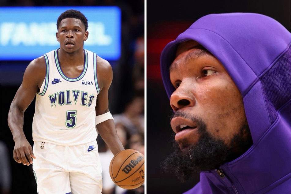 Adidas took a direct hit at NBA champion Kevin Durant (r), calling him "dusty" after he threw shade at Minnesota Timberwolves' Anthony Edwards' signature sneakers.