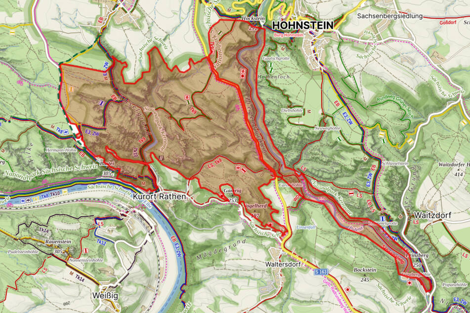 Die rot markierte Fläche zeigt die gesperrten Bereiche des Nationalparks.