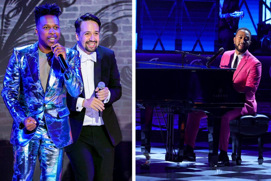 Host Leslie Odom, Jr. (l.) was joined by Lin-Manuel Miranda (second from l.) and John Legend (r.) on the 2021 Tonys stage.