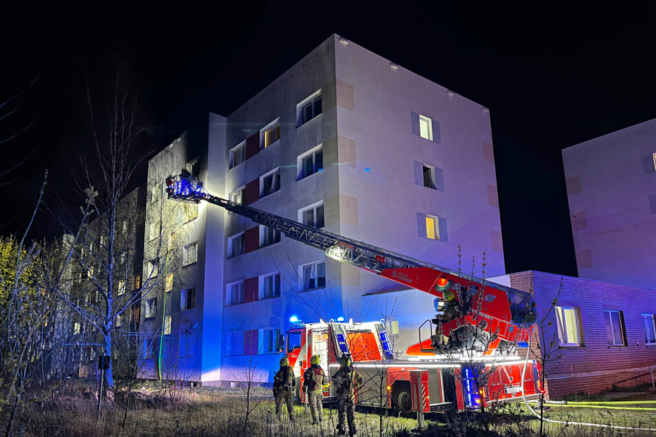 Alarmierte Feuerwehrleute löschten den Brand in einem Berliner Wohnheim mithilfe einer Drehleiter.
