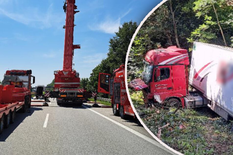 Unfall A3: A3 gesperrt: Lkw muss aufwendig aus Böschung geborgen werden