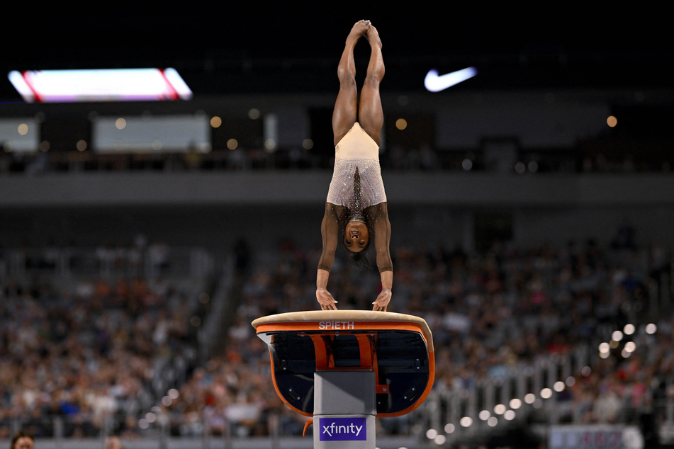 Simone Biles performs on vault during the 2024 US Gymnastics Championships.