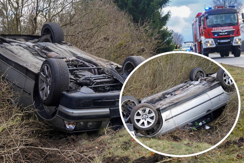 BMW-Fahrer setzt zum Überholen an und landet kopfüber im Graben
