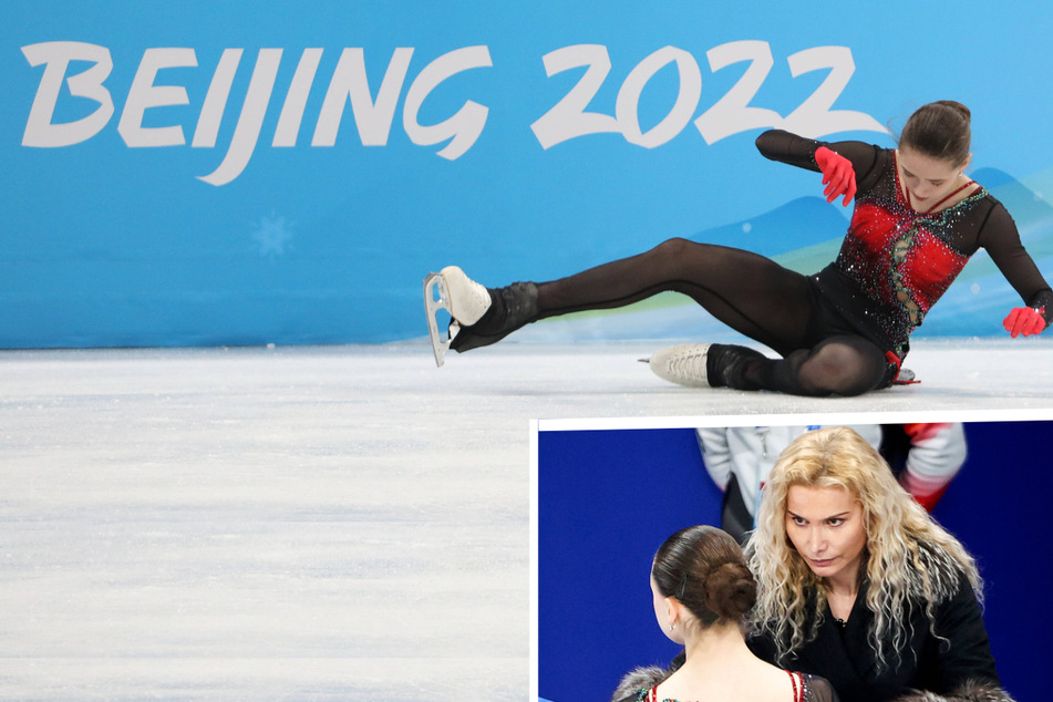 Skater Kamila Valieva fell during her free skate after testing positive for a banned substance before the Olympics. Afterwards, she was accused by her coach Eteri Tuberidze (inset) of giving up during the performance.