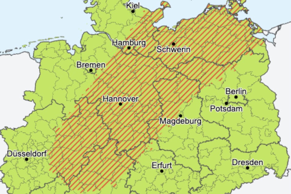 Für den rot schraffierten Bereich besteht die Gefahr schwerer Gewitter.